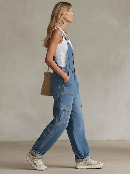 Multi-pocket Adjustable Strap Button Overalls