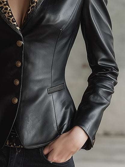 Retro Leopard Print Collar Black Faux Leather Jacket