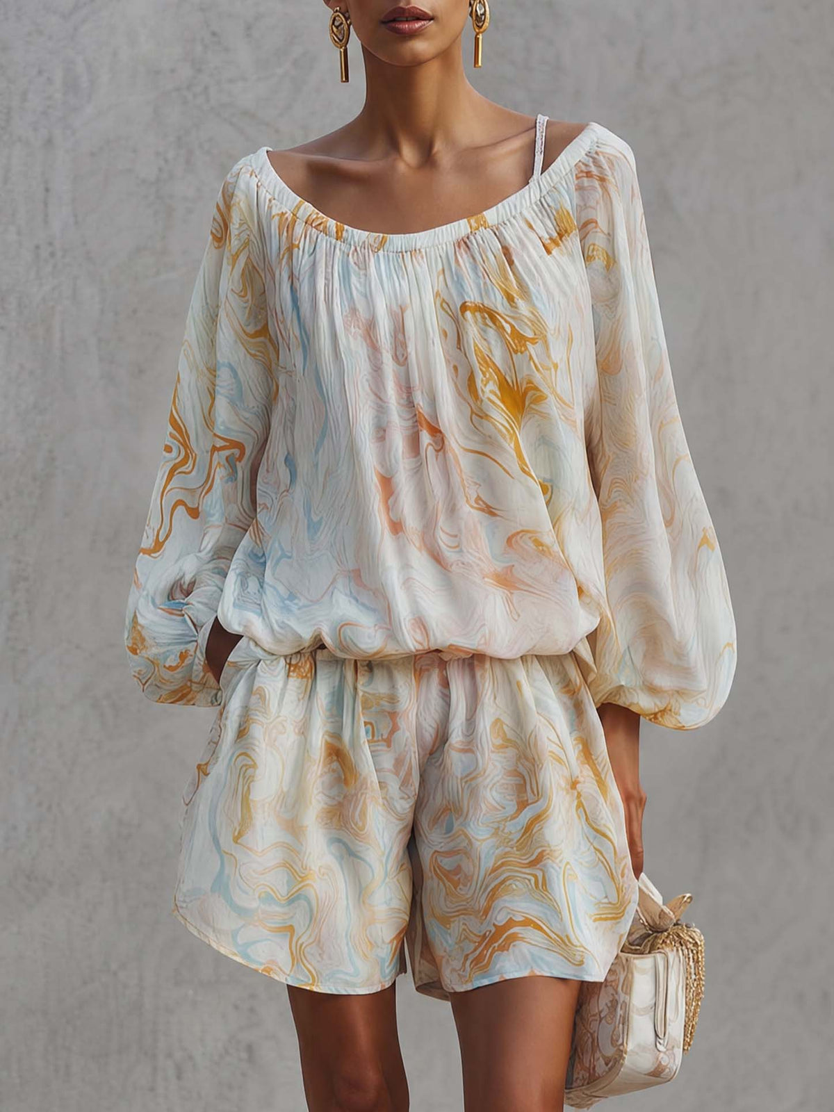 Elegant Urban Print White Chiffon Set