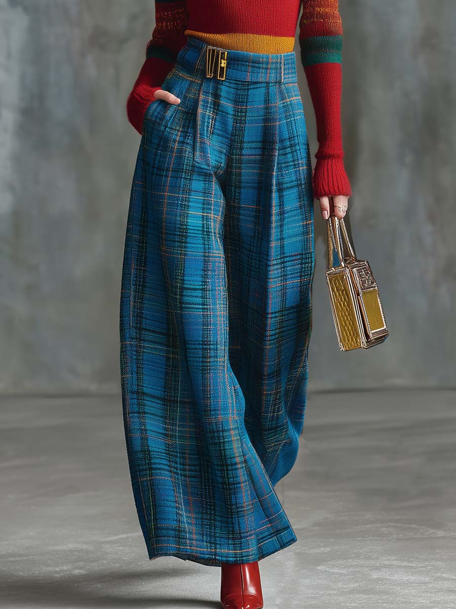 Vintage Fashion Versatile Blue Plaid Wide-leg Pants