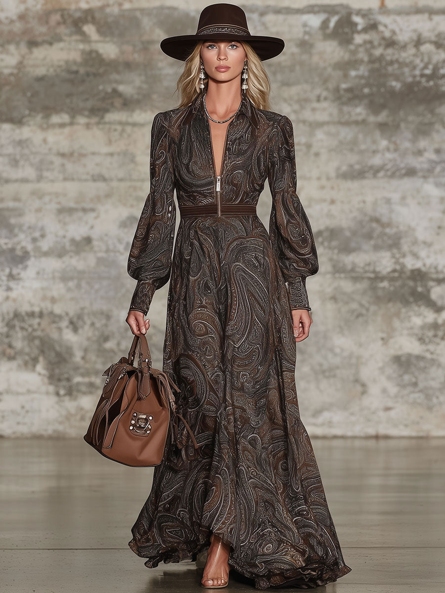 Fashion Retro Paisley Pattern Zipper Maxi Dress