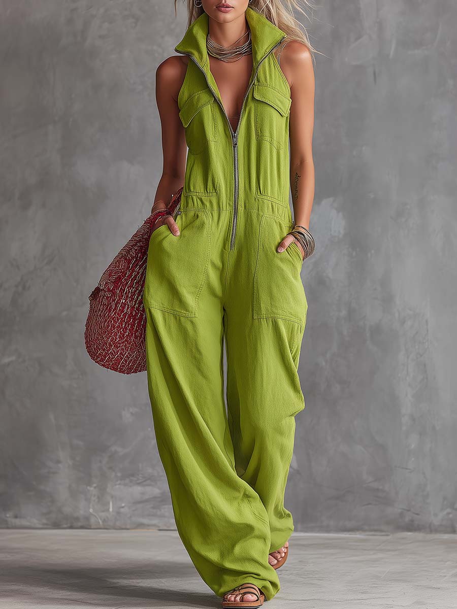 Casual Retro Western Collar Front Zipper Bright Green Cotton Linen Jumpsuit