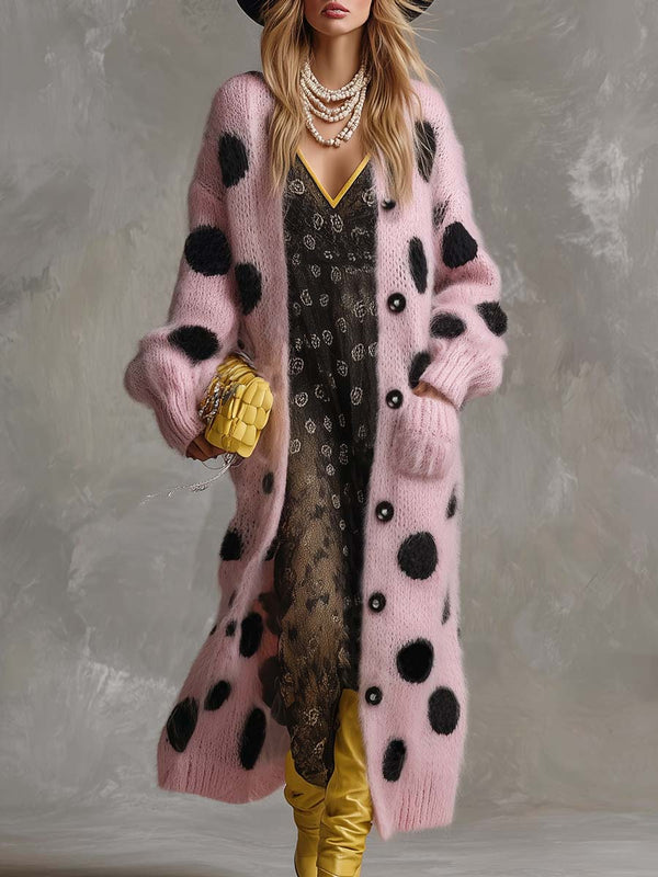 vintage-fashion-lazy-front-button-black-polka-dot-pink-imitation-rabbit-fur-knitted-long-sleeved-cardigan - Oyrosy