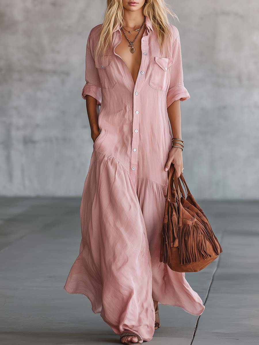 Casual Retro Western V-neck Front Button Short Sleeve Pink Cotton Linen Shirt Maxi Dress