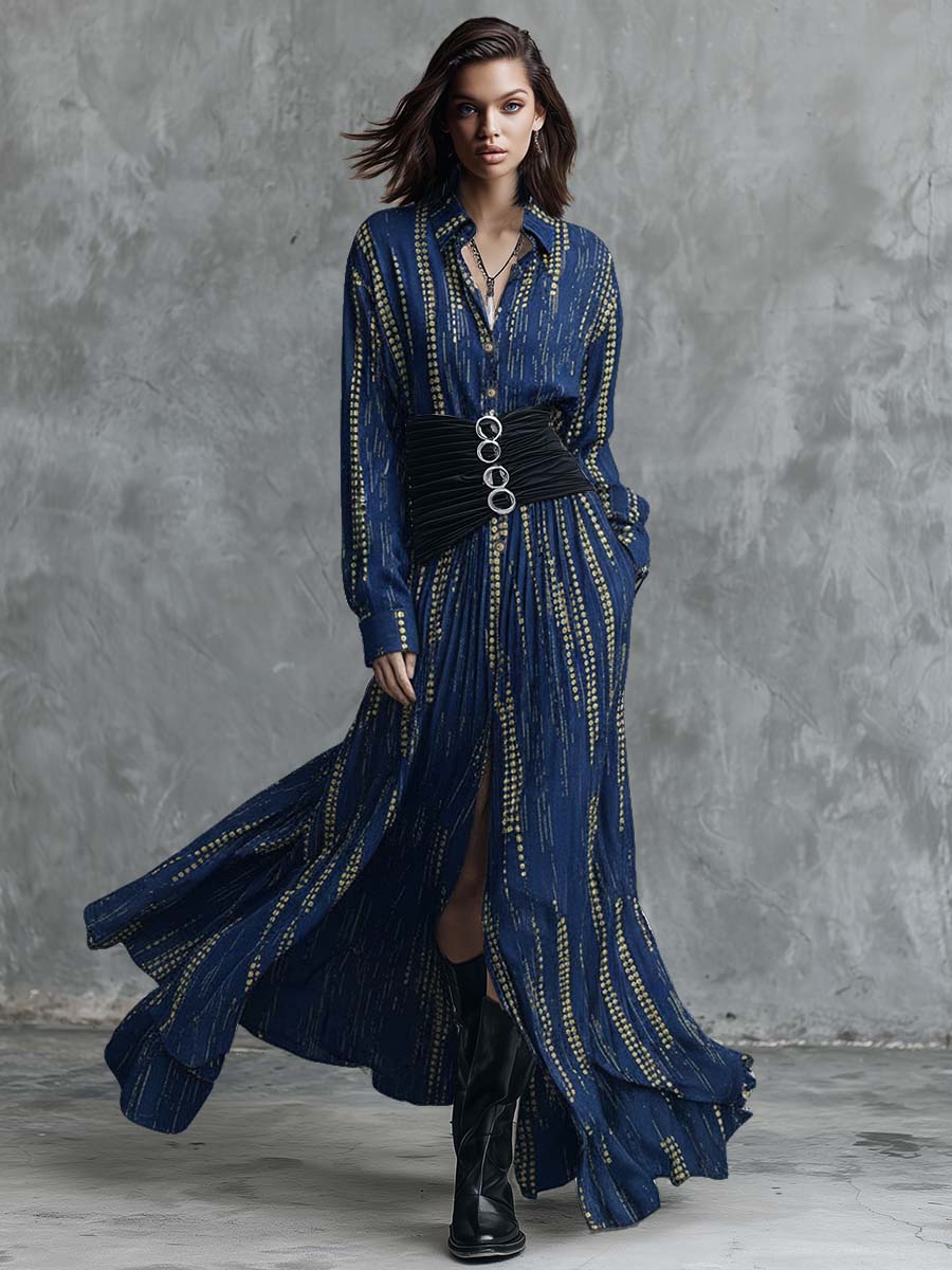 Retro Fashion Gold Polka Dot Pattern Blue Tencel Denim Shirt Style Maxi Dress