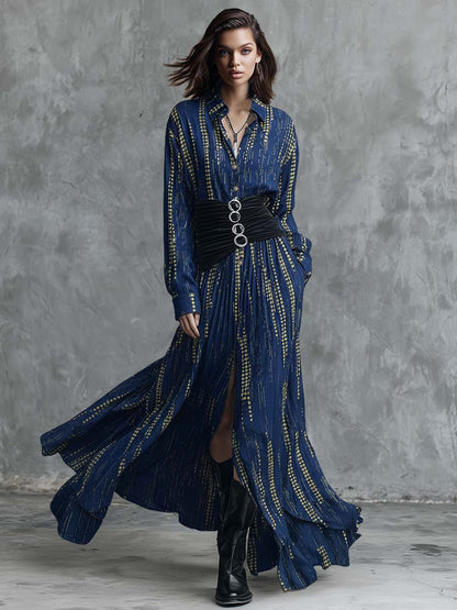 Retro Fashion Gold Polka Dot Pattern Blue Tencel Denim Shirt Style Maxi Dress