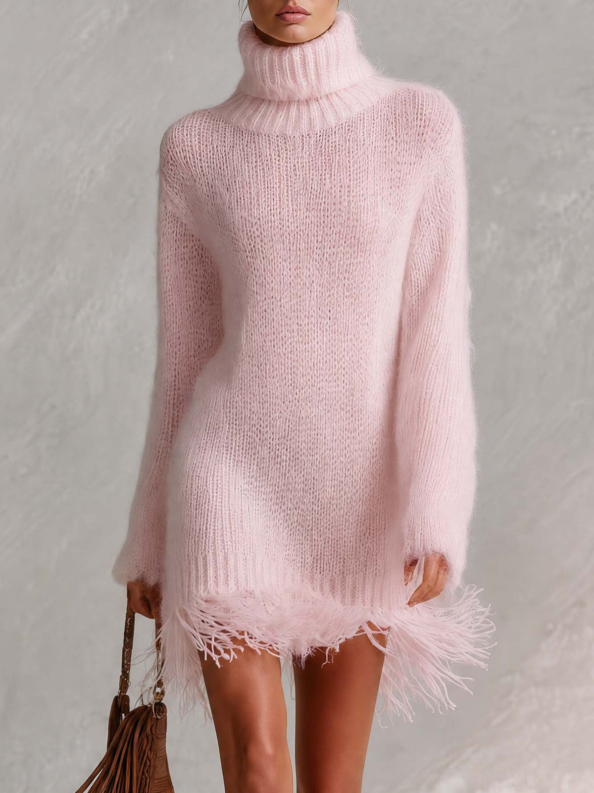 Boho Light Pink Fuzzy Mohair-Style Fringe Hem Turtleneck Mini Sweater Dress