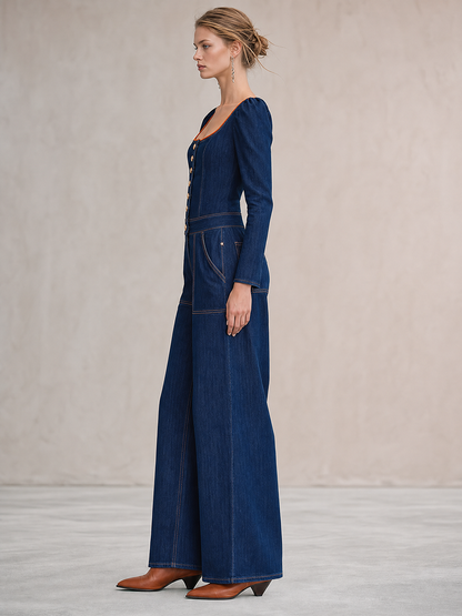 Retro Square-neck Orange-trim Button-front Fitted Big-pocket Wide-leg Jumpsuit