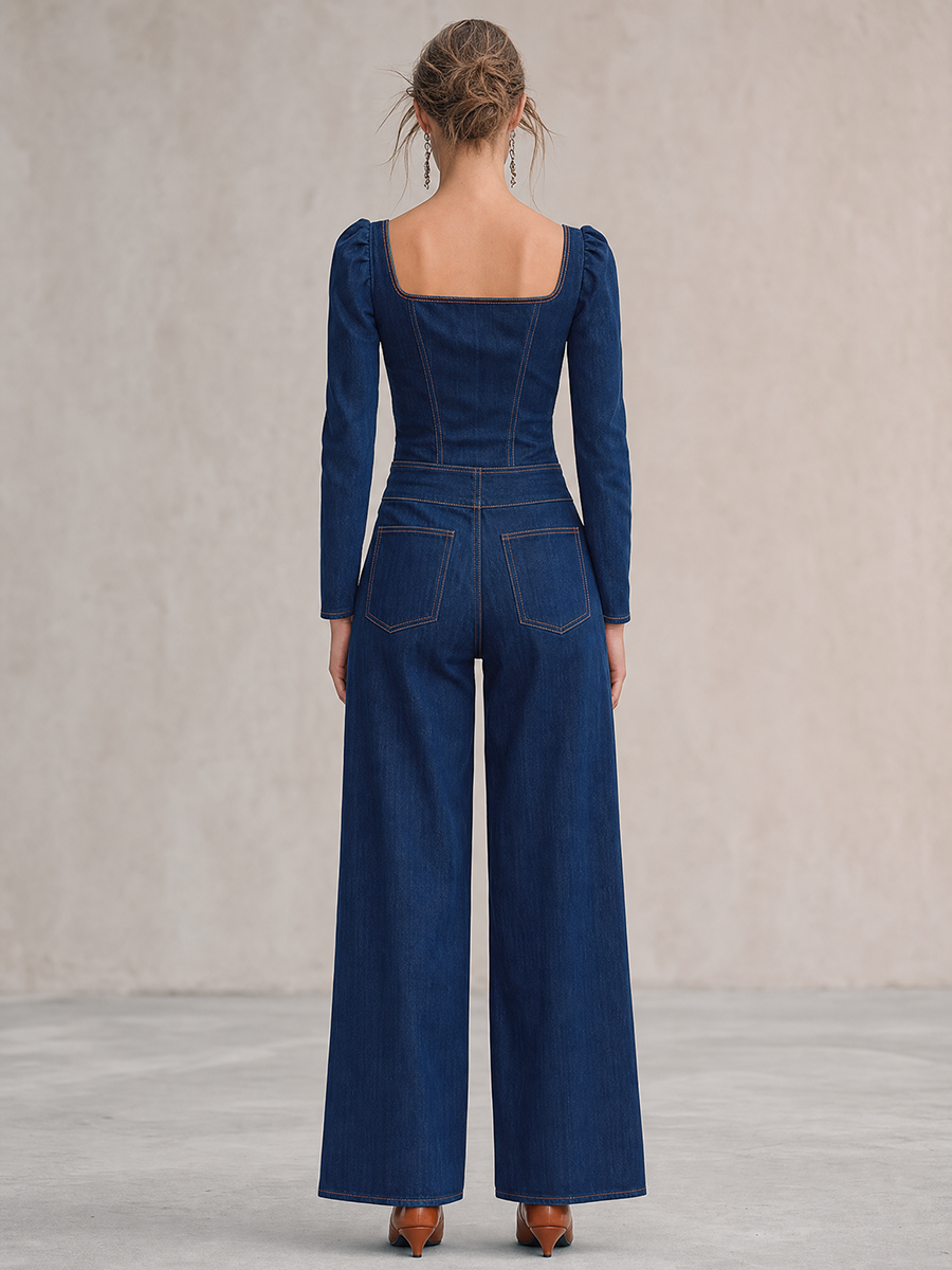 Retro Square-neck Orange-trim Button-front Fitted Big-pocket Wide-leg Jumpsuit