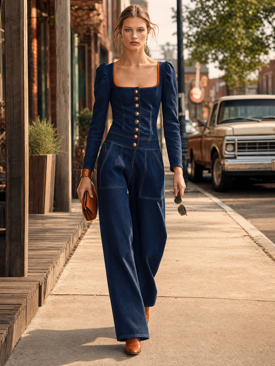 Retro Square-neck Orange-trim Button-front Fitted Big-pocket Wide-leg Jumpsuit