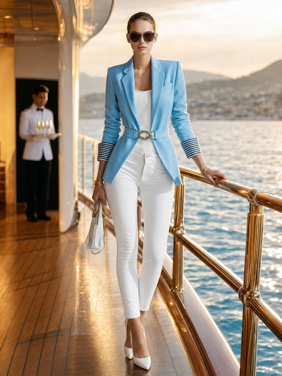 simple-and-elegant-striped-long-sleeved-blue-belted-blazer - Oyrosy