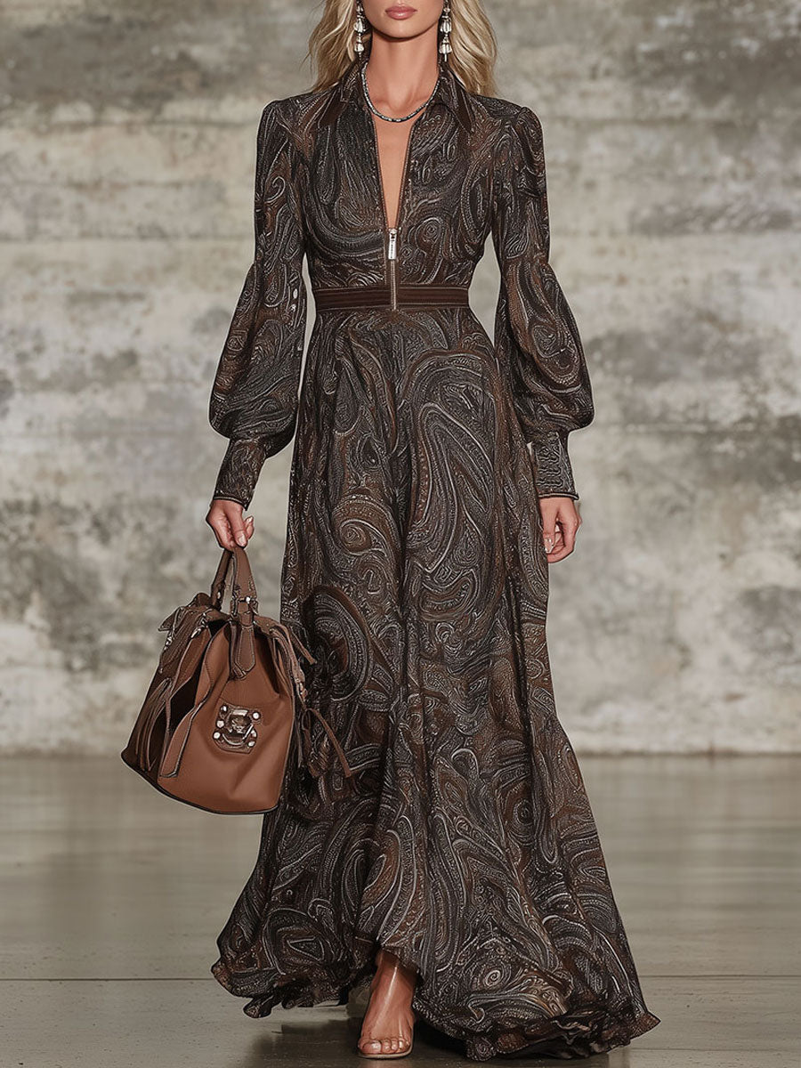 Fashion Retro Paisley Pattern Zipper Maxi Dress