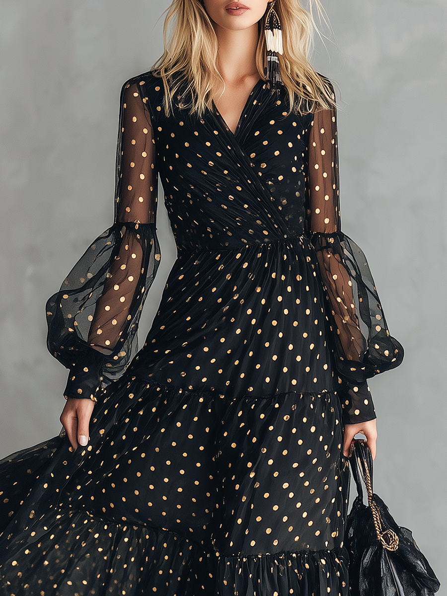 High-end Chic Gold Polka Dot V-neck Ruffled Black Chiffon Maxi Dress