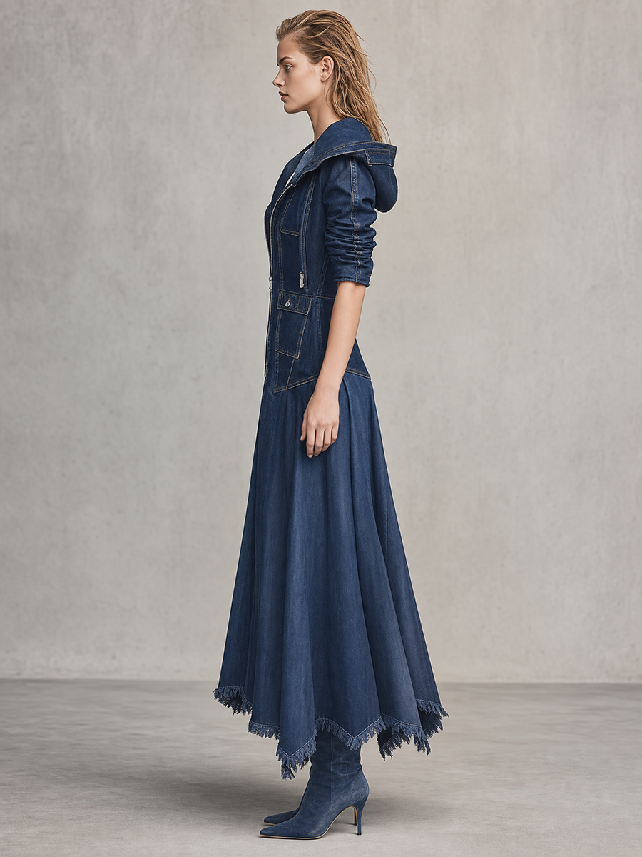 Retro Hooded Zip Fitted Raw-hem Mermaid Long Denim Dress
