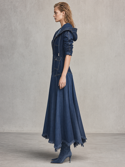 Retro Hooded Zip Fitted Raw-hem Mermaid Long Denim Dress
