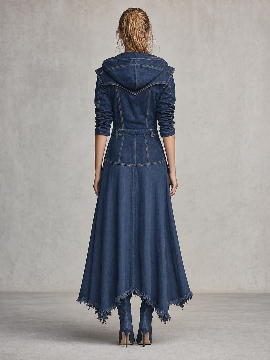 Retro Hooded Zip Fitted Raw-hem Mermaid Long Denim Dress