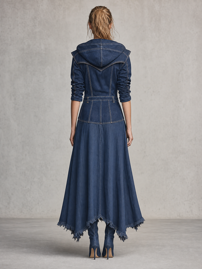 Retro Hooded Zip Fitted Raw-hem Mermaid Long Denim Dress