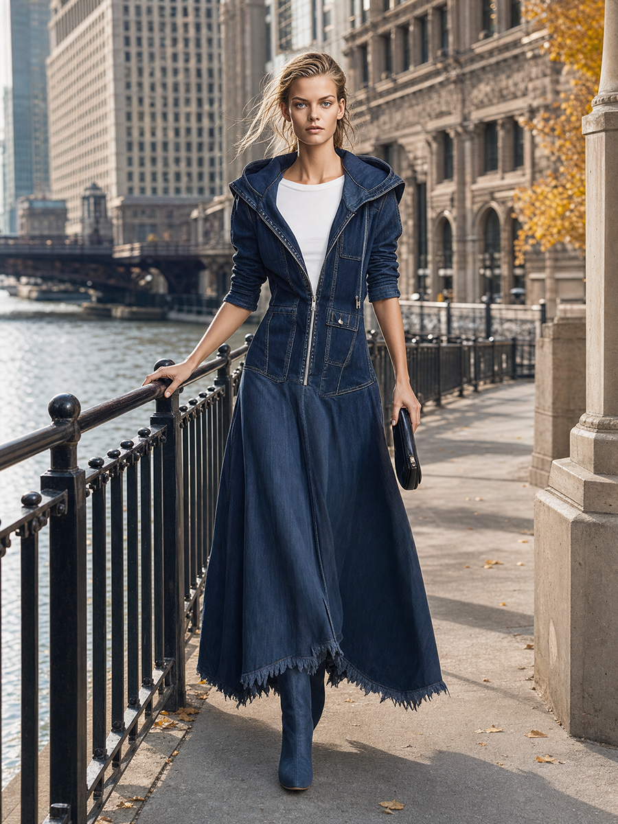 Retro Hooded Zip Fitted Raw-hem Mermaid Long Denim Dress