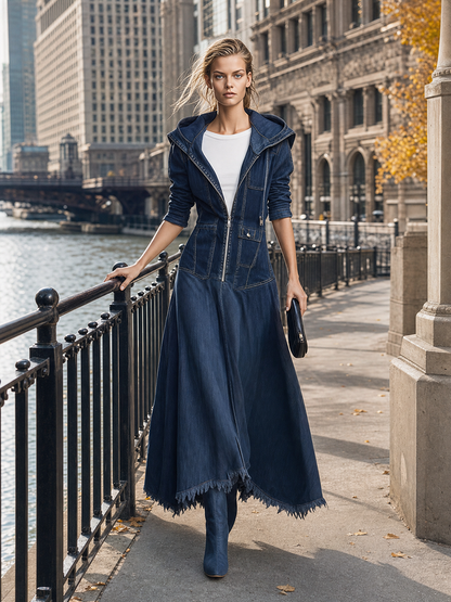 Retro Hooded Zip Fitted Raw-hem Mermaid Long Denim Dress