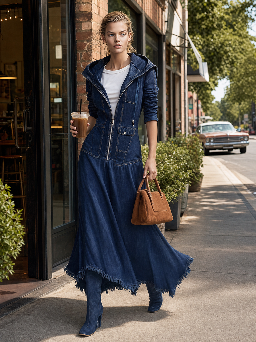 Retro Hooded Zip Fitted Raw-hem Mermaid Long Denim Dress