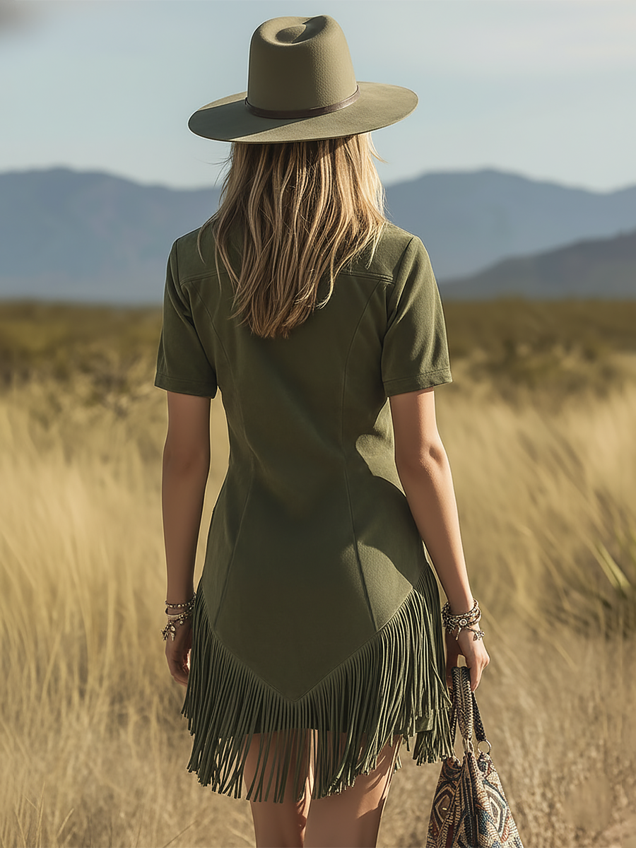 Retro Western-style Lapel Short-sleeved Multi-pocket Faux Suede Mini Dress