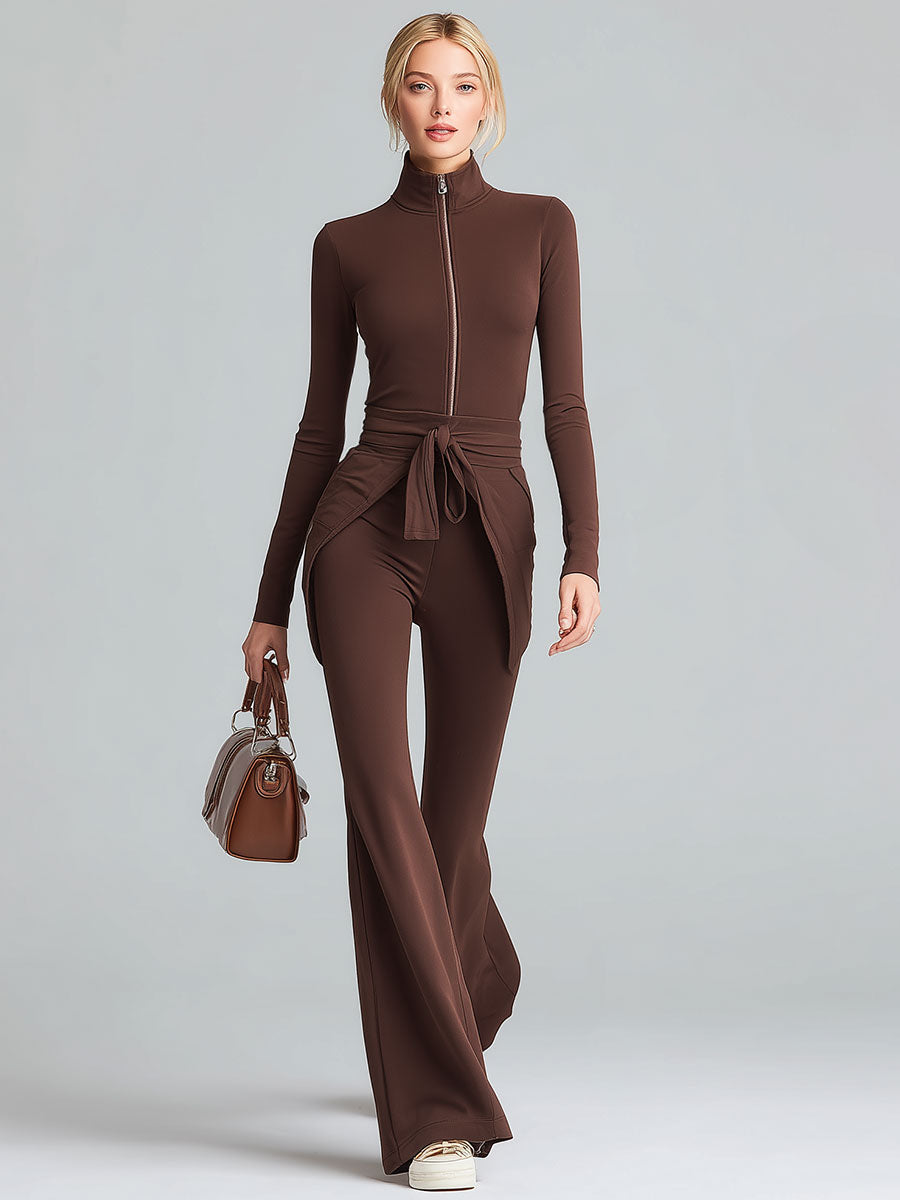 A Casual And Comfortable Brown Stand-collar Zip-up Top And Trousers Set