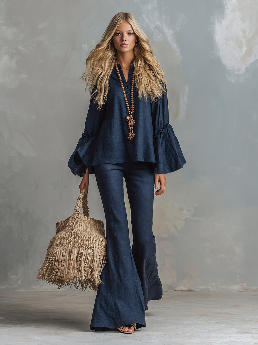 Elegant Navy Blue Cotton And Linen Flared-sleeve Shirt And Flared Pants Set