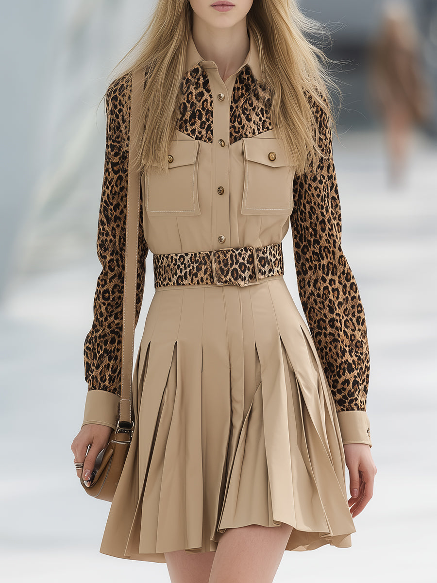 Casual Retro Leopard Print Patchwork Beige Mini Dress