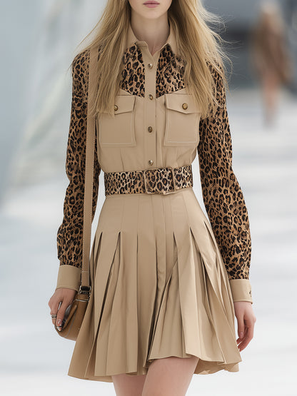 Casual Retro Leopard Print Patchwork Beige Mini Dress