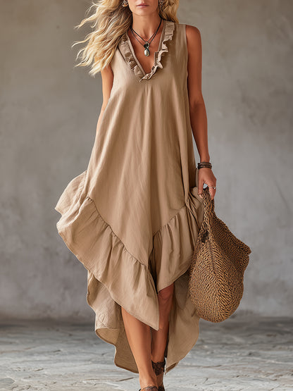 Casual Urban Style V-neck Ruffled Khaki Cotton And Linen Sleeveless Maxi Dress
