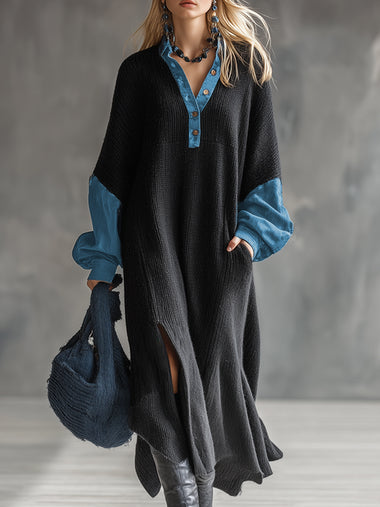 Fashionable Casual Black Knitted Denim Trim Maxi Dress