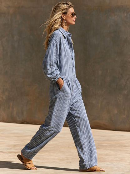 Casual Retro Striped Blue Cotton Linen Long-sleeved Jumpsuit