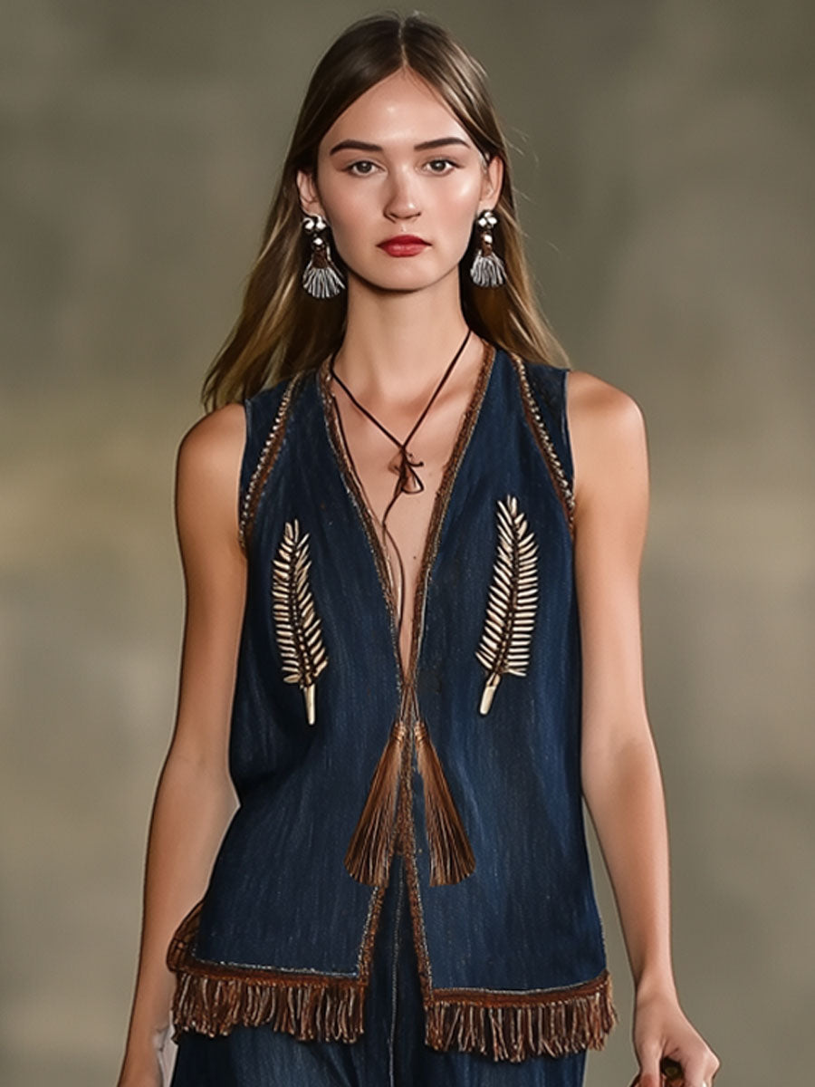 Casual Loose Retro Bohemian Embroidered Tassel Denim Vest