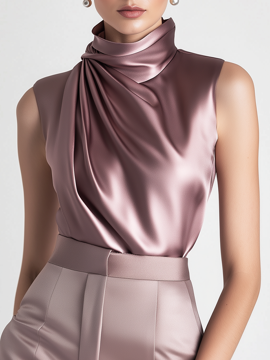 Elegant Satin Pleated Sleeveless Sleeve Shirt