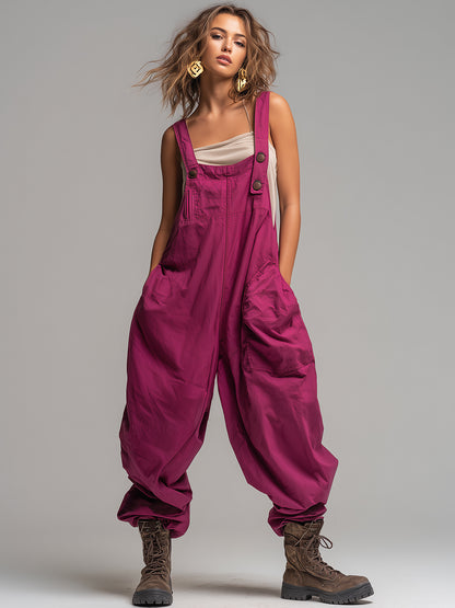 Casual And Stylish Raspberry Red Loose-fitting Jumpsuit Overalls