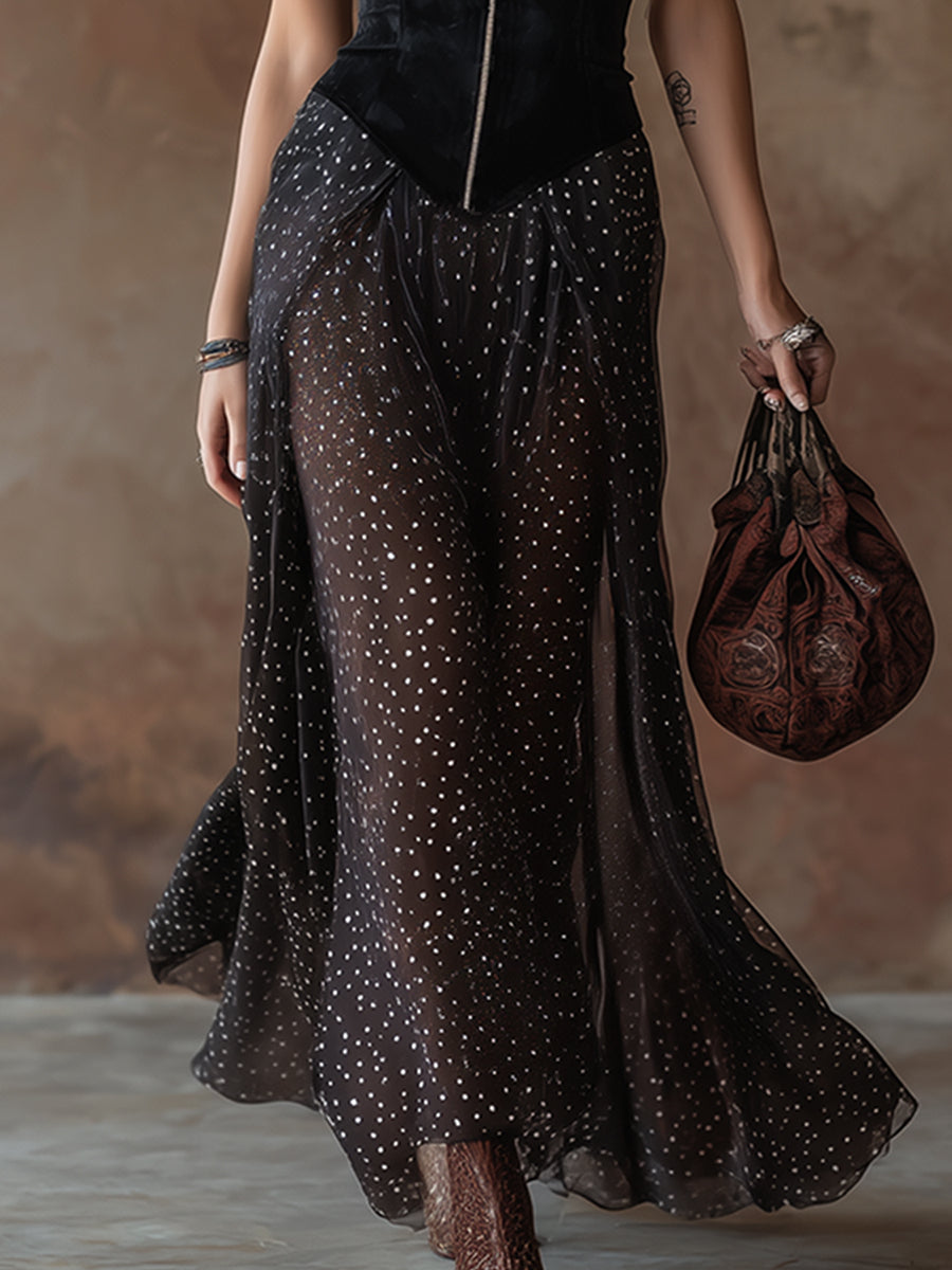 Elegant Western-style Black Faux Suede And Polka Dot Chiffon Maxi Dress