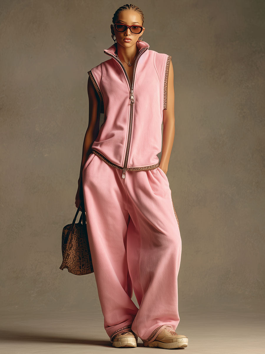 Sporty Retro Webbing Trim Pink Cotton Blend Sleeveless Vest Wide-Leg Pants Set