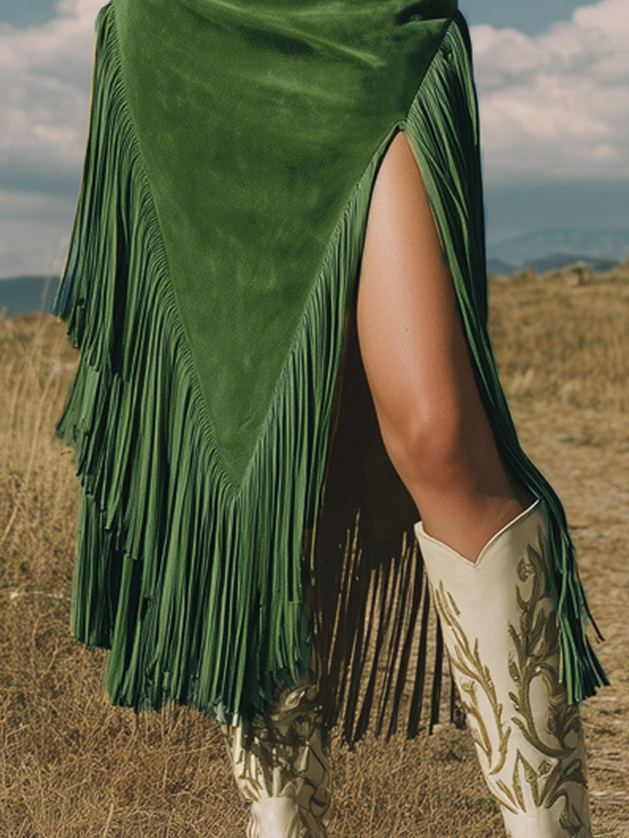 Western Retro Green Fringed Faux Suede Midi Skirt