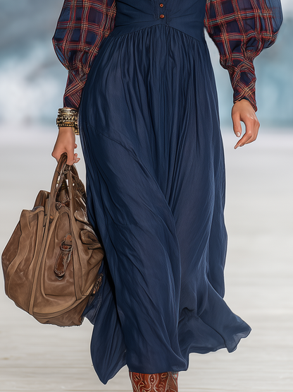 Retro-chic Red Plaid Sheer-sleeved Blue Tencel Maxi Dress