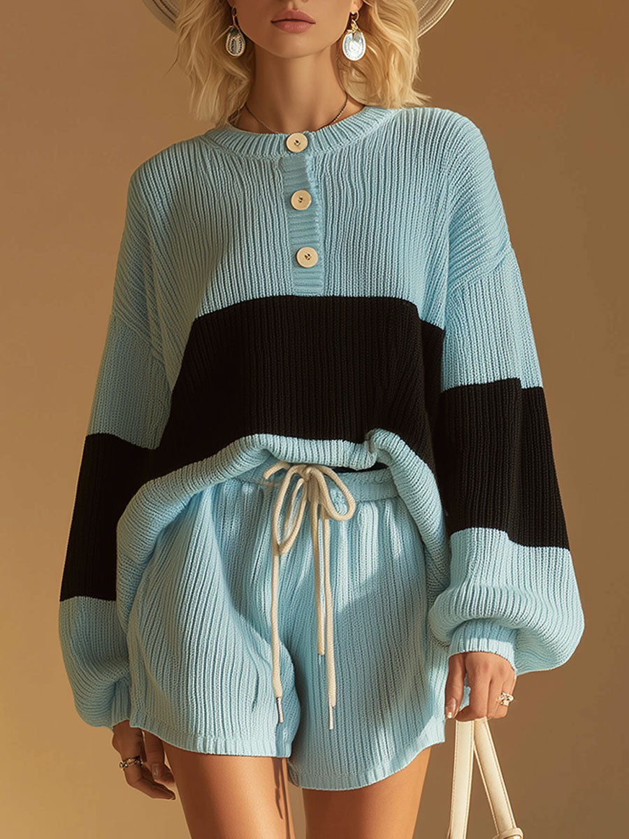 Stylish And Casual Blue And Black Knitted Top And Shorts Set