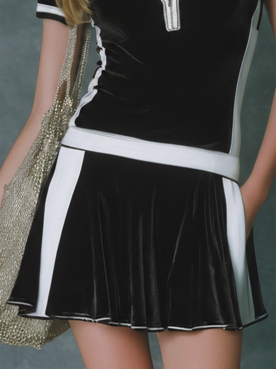 Stylish Athletic V-neck Short-sleeved Top And A-line Skirt Velvet Set