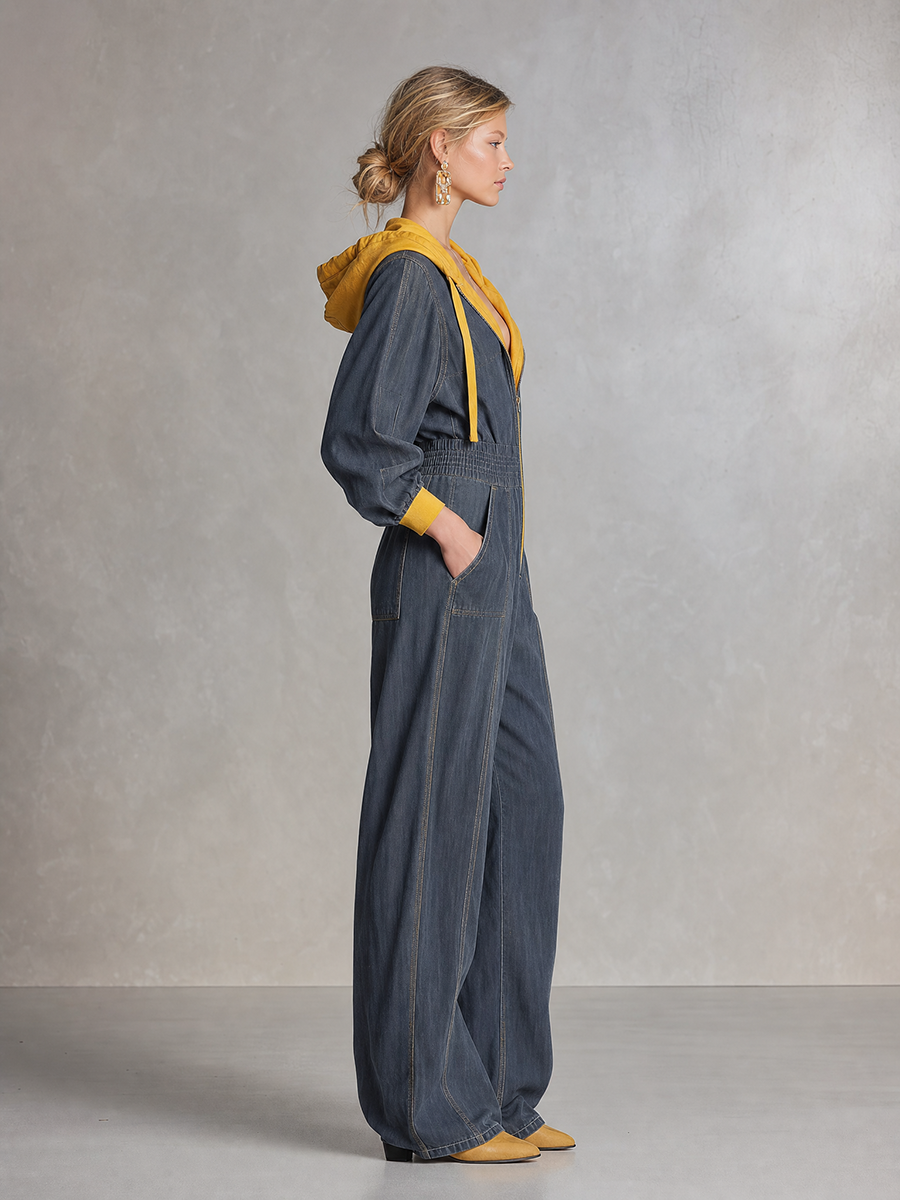 Vintage Wash Denim Hooded Jumpsuit Women Wide Leg Zip Front Balloon Sleeve