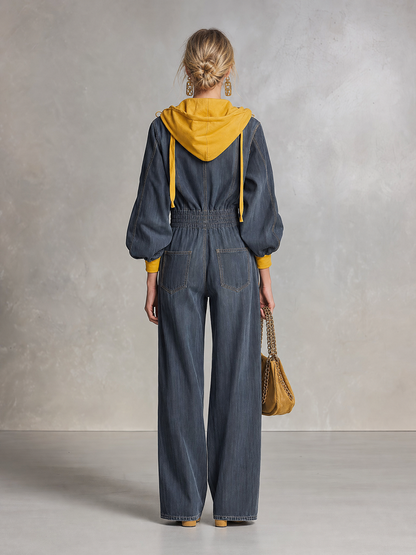 Vintage Wash Denim Hooded Jumpsuit Women Wide Leg Zip Front Balloon Sleeve