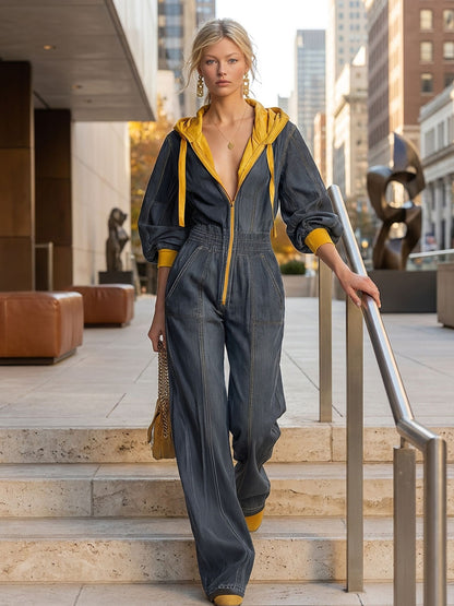 Vintage Wash Denim Hooded Jumpsuit Women Wide Leg Zip Front Balloon Sleeve