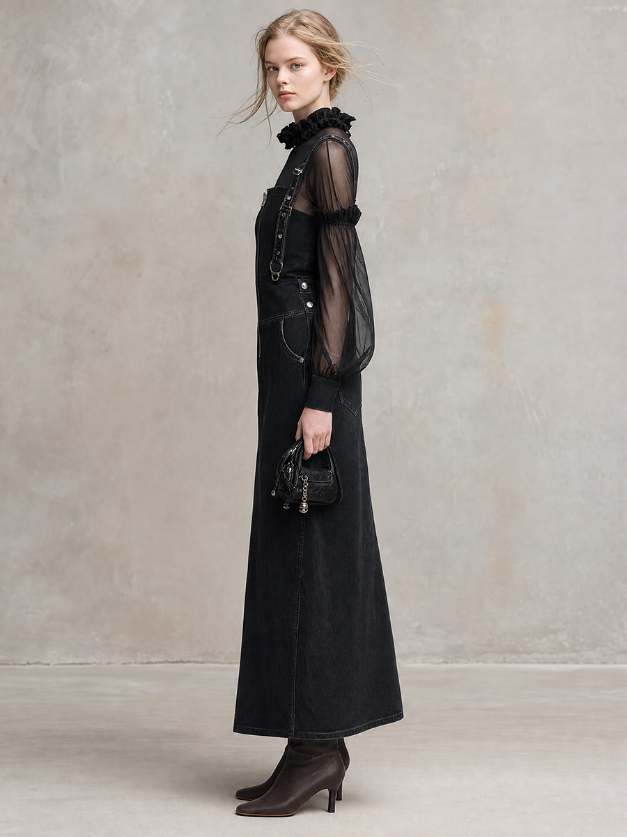 Black Denim Overall Jumpsuit Set Women Sheer Mesh Top Wide Leg Two-Piece