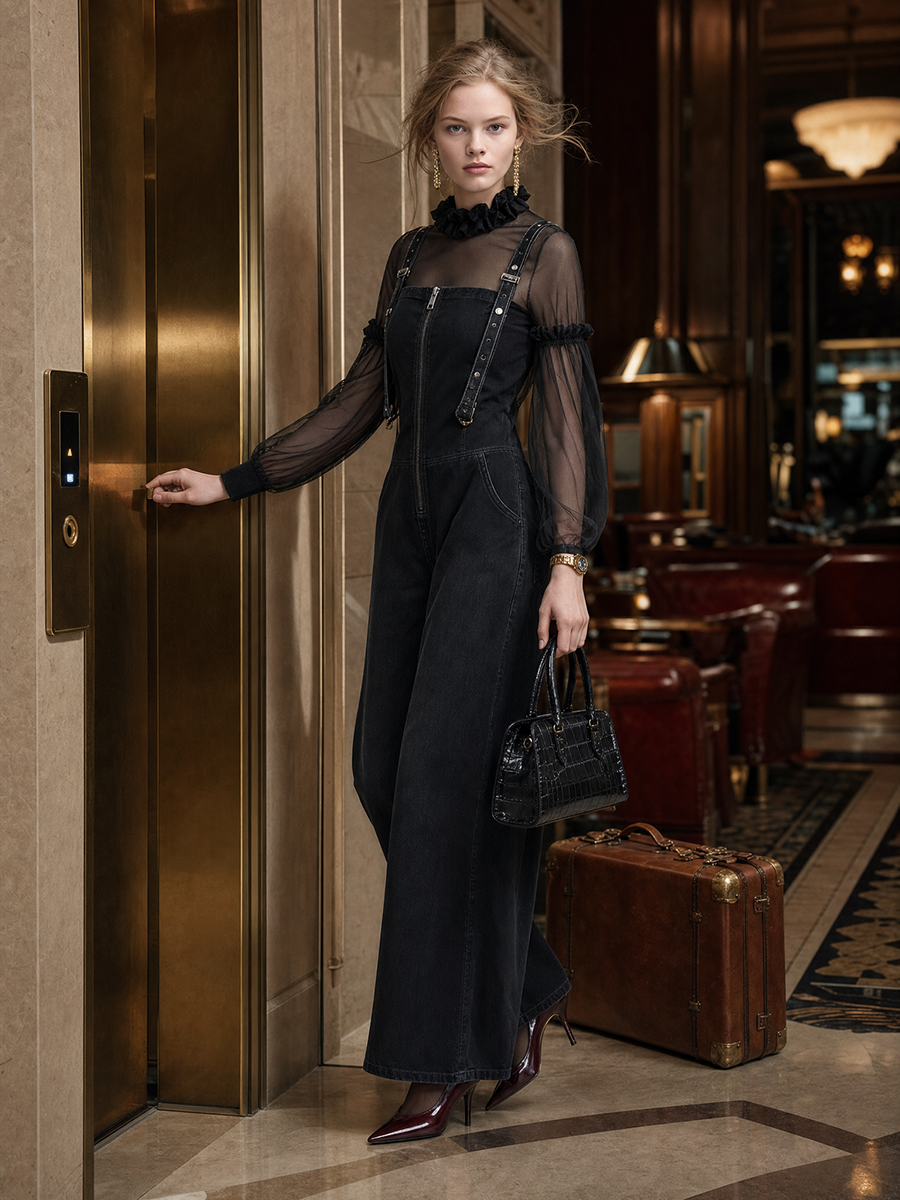 Black Denim Overall Jumpsuit Set Women Sheer Mesh Top Wide Leg Two-Piece