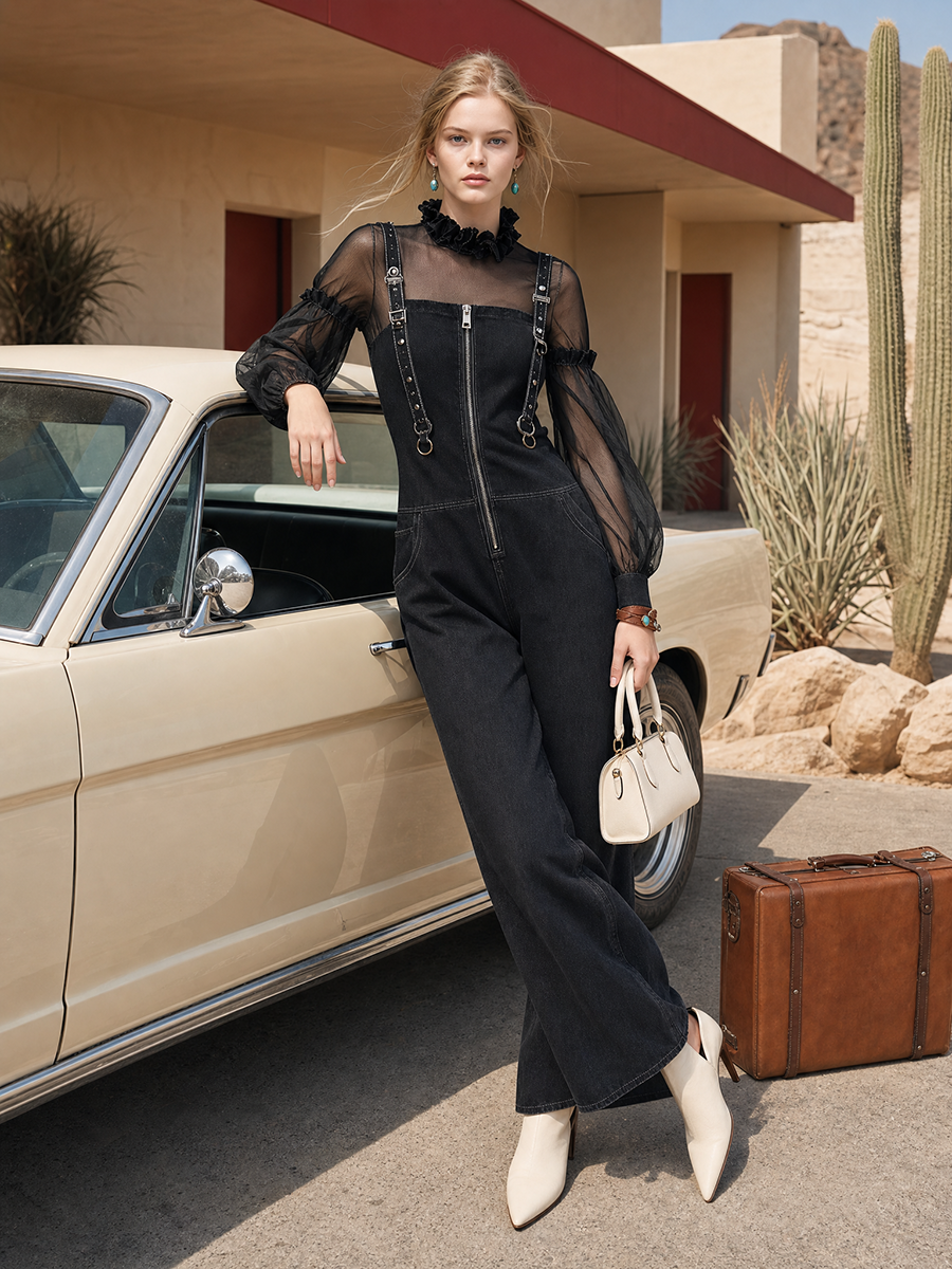 Black Denim Overall Jumpsuit Set Women Sheer Mesh Top Wide Leg Two-Piece