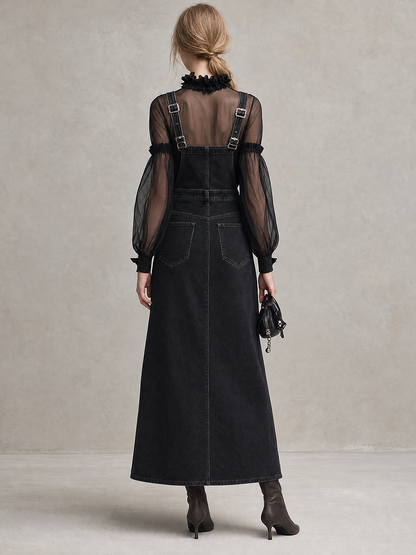 Black Denim Overall Jumpsuit Set Women Sheer Mesh Top Wide Leg Two-Piece