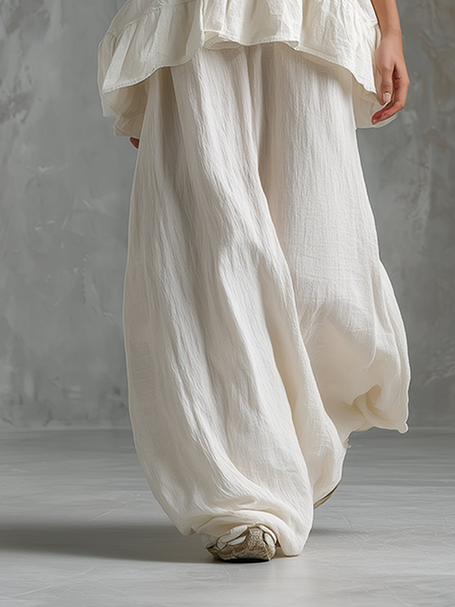 Elegant And Minimalist White Cotton And Linen Sleeveless Hooded Vest And Wide-leg Pants Set