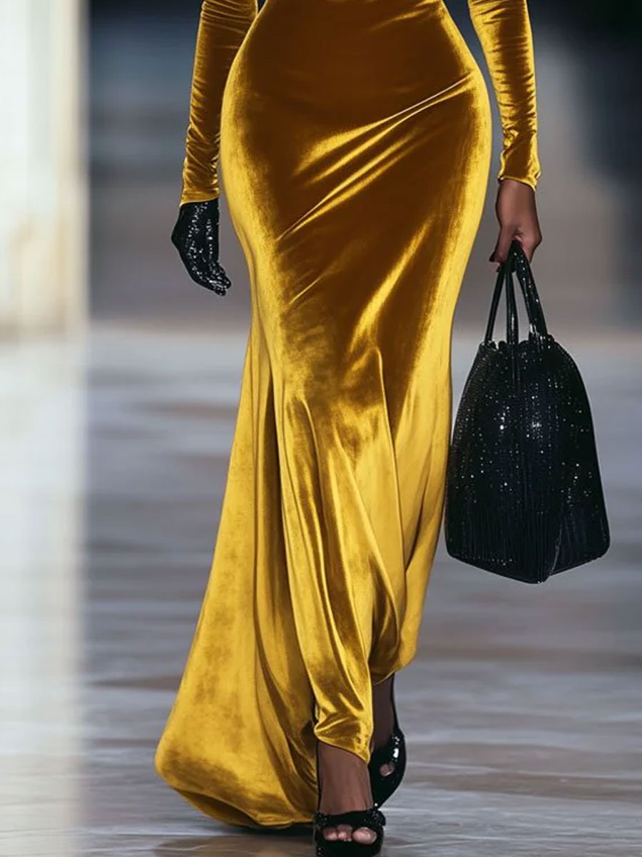 Fashion Retro Gold Velvet High Neck Long Sleeve Maxi Dress